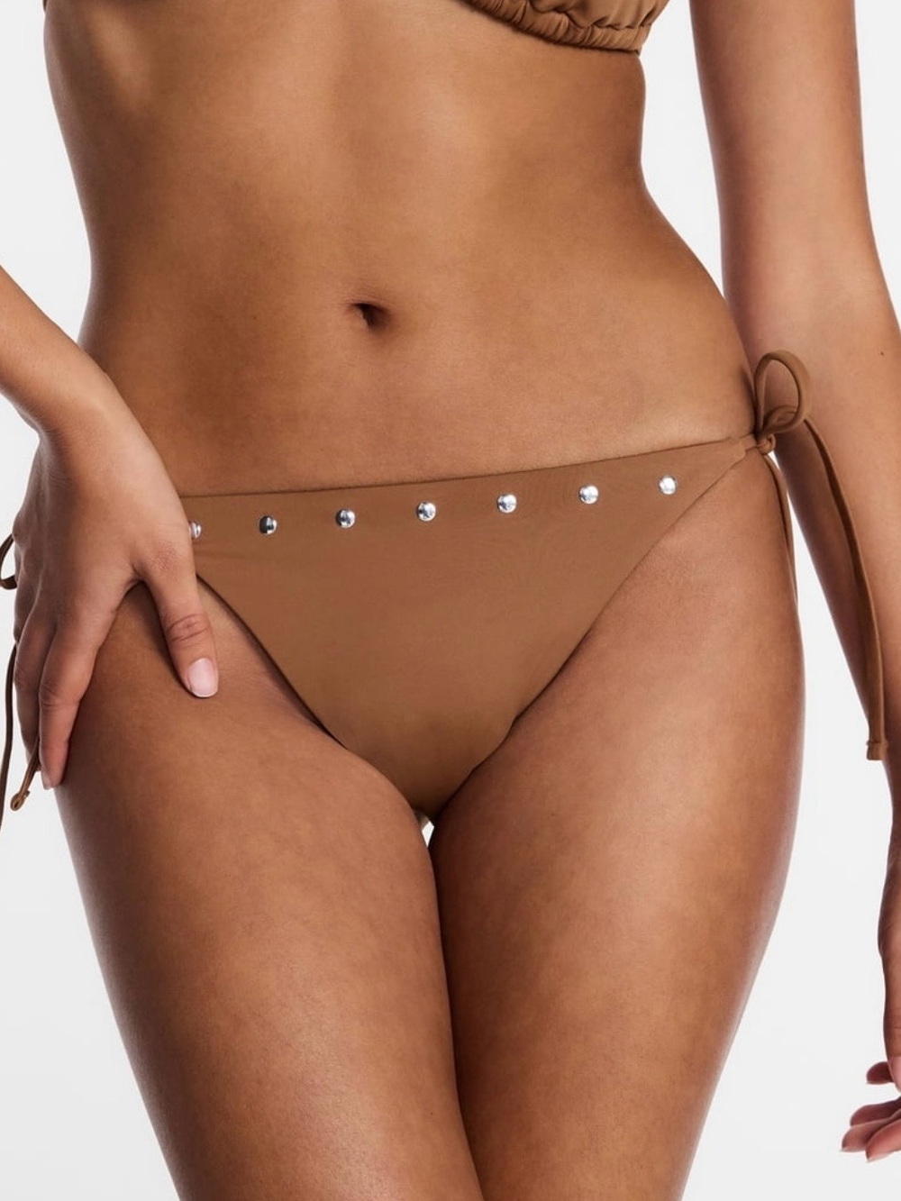 Kacey Lee Stud-Trim Tie-Side Bikini Bottom in Brown Size XL